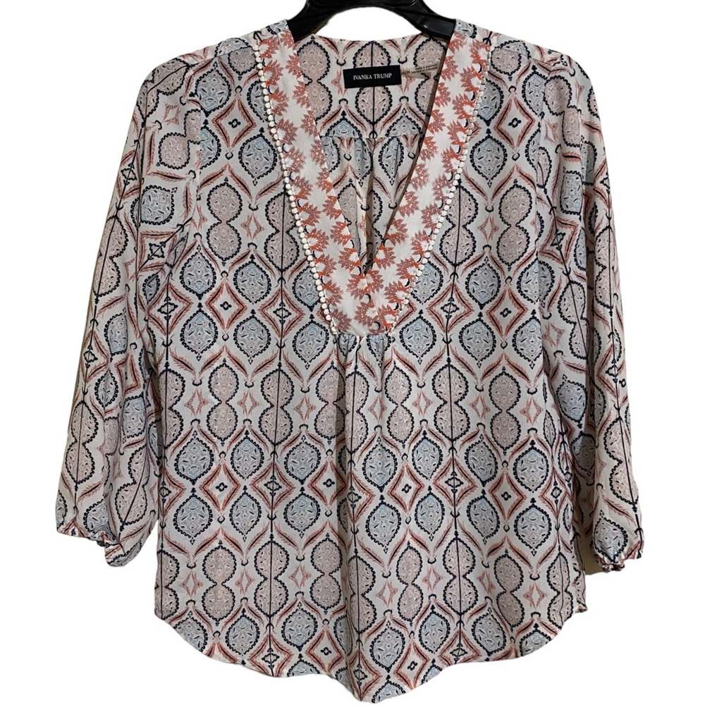 Ivanka Trump 3/4 Sleeve Blouse Popover Stretch Top V Neck Women's Size M